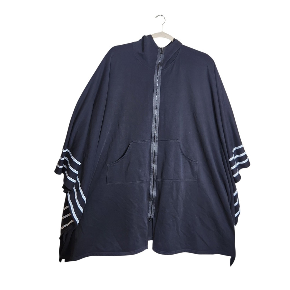Midnight 45 Black Hooded Zip Front Cape Poncho White Stripes Streetwear OS